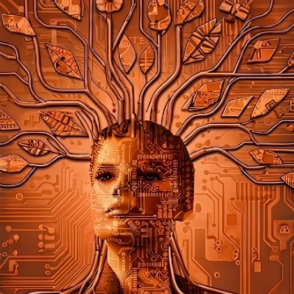 Ilustração de um cérebro ligado a um chip marcado como IA, em tons de laranja.