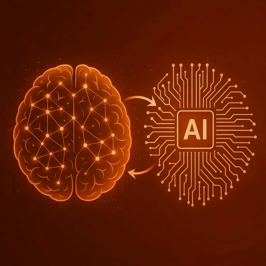 Rosto humano fundido a uma árvore de circuitos eletrônicos, em tons de laranja.