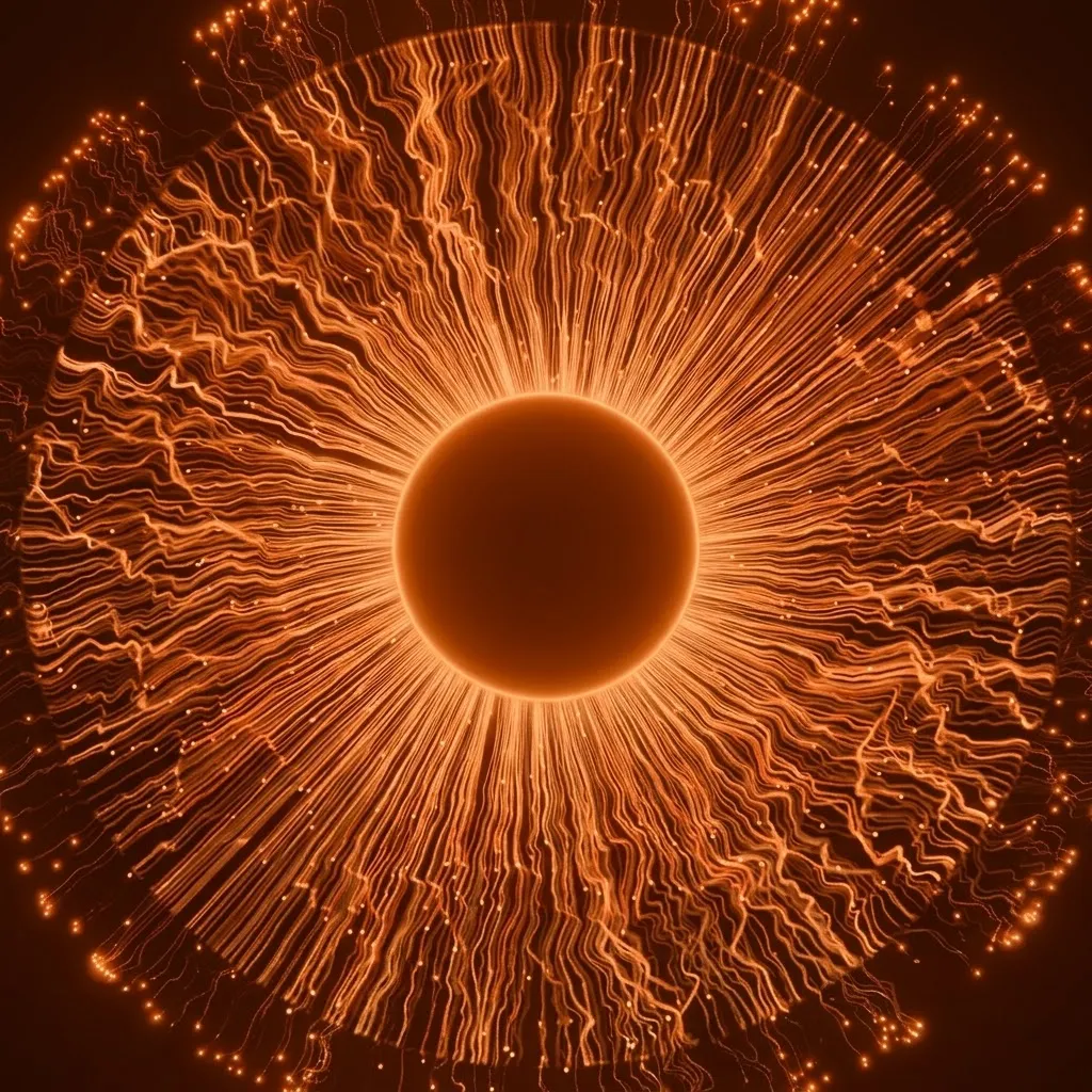 Explosão radial de linhas luminosas saindo de um centro escuro, em tons de laranja.